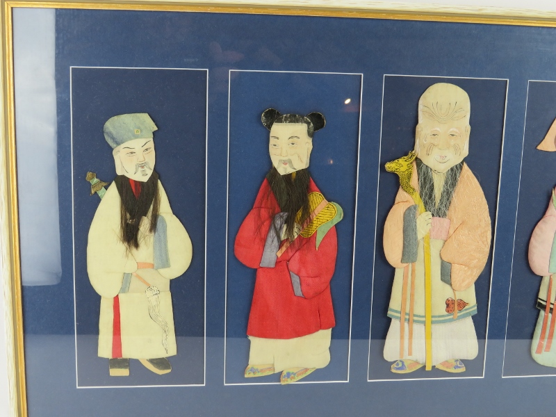 A framed set of five antique Chinese silk figures, probably 19th century, in later frame. 78cm x - Image 2 of 6