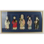 A framed set of five antique Chinese silk figures, probably 19th century, in later frame. 78cm x