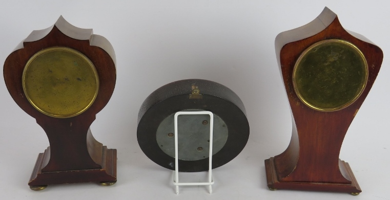 Two inlaid Edwardian balloon shaped mantel clocks, one with butterfly motif, and a similar aneroid - Image 2 of 12