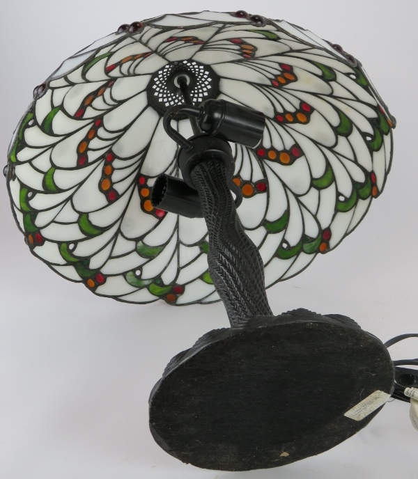 A Tiffany style table lamp by Loxton Lighting with jewelled glass shade of berry and leaf pattern, - Image 4 of 4