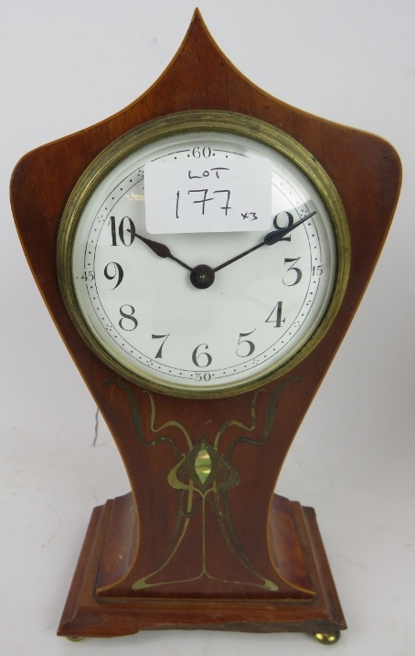 Two inlaid Edwardian balloon shaped mantel clocks, one with butterfly motif, and a similar aneroid - Image 5 of 12