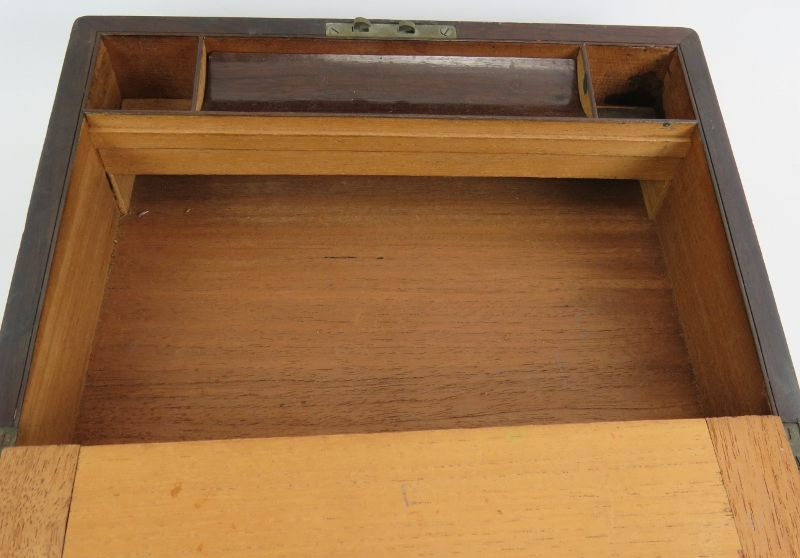 A 19th century brass bound rosewood writing slope with interior fittings. 30cm x 22.5cm x 11cm. - Image 3 of 4