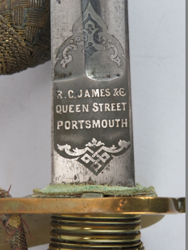 A Royal Naval Officer's sword by R C James & Co, Portsmouth. Brass hilt with shagreen grip and - Image 8 of 10