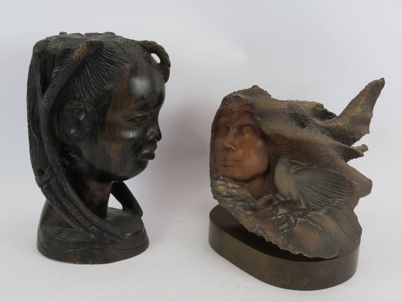 A large carved hardwood African bust of a female and a composite fantasy sculpture of a female and - Image 2 of 4