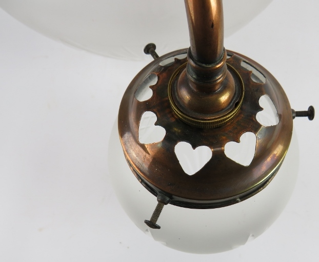 An early 20th century copper Plafonnier ceiling light with frosted and cut glass shades. Drop: 48cm. - Image 4 of 5
