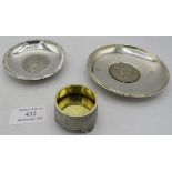 A Russian silver salt with gilded interior. A silver dish with inset coin. London 1989 and a