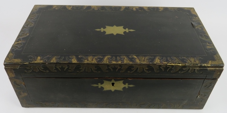 An early 19th century ebonised writing slope with brass and gilt decoration. Internally fitted - Image 2 of 5