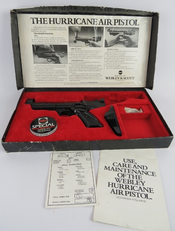 A Webley & Scott Hurricane air pistol, .22 calibre, with box, accessories and instructions c1982. (
