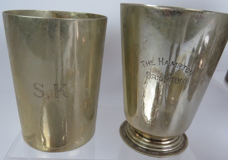 A lot of mixed pewter and silver plated wares including seven pint tankards, pin dishes, three piece - Image 4 of 4