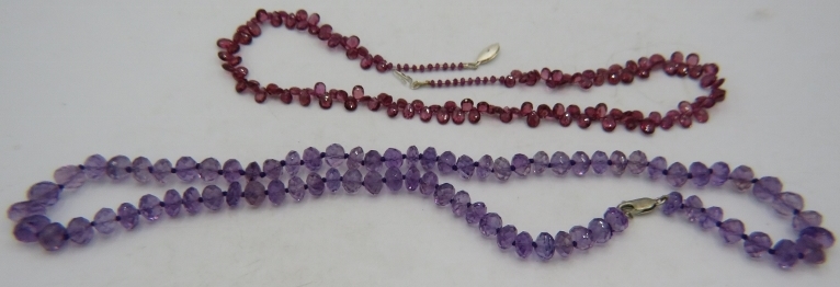 A delicate garnet briolette necklace with 925 stamped clasp and a faceted amethyst necklace with 925