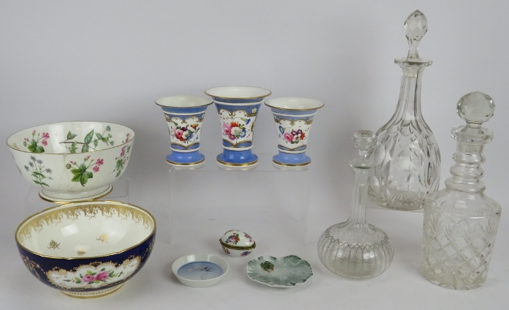 A set of 3 19th century Spode vases with hand decorated panels. Two bowls, two Royal Copenhagen