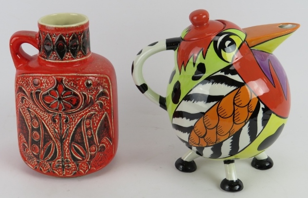 A Lorna Bailey novelty bird shaped teapot and a mid century German fat lava jug. Tallest 23cm. ( - Image 2 of 3