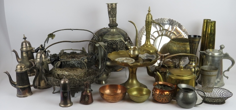 A mixed lot of metal ware including silver plate, pewter, brass, copper and white metal, pots,