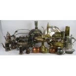A mixed lot of metal ware including silver plate, pewter, brass, copper and white metal, pots,