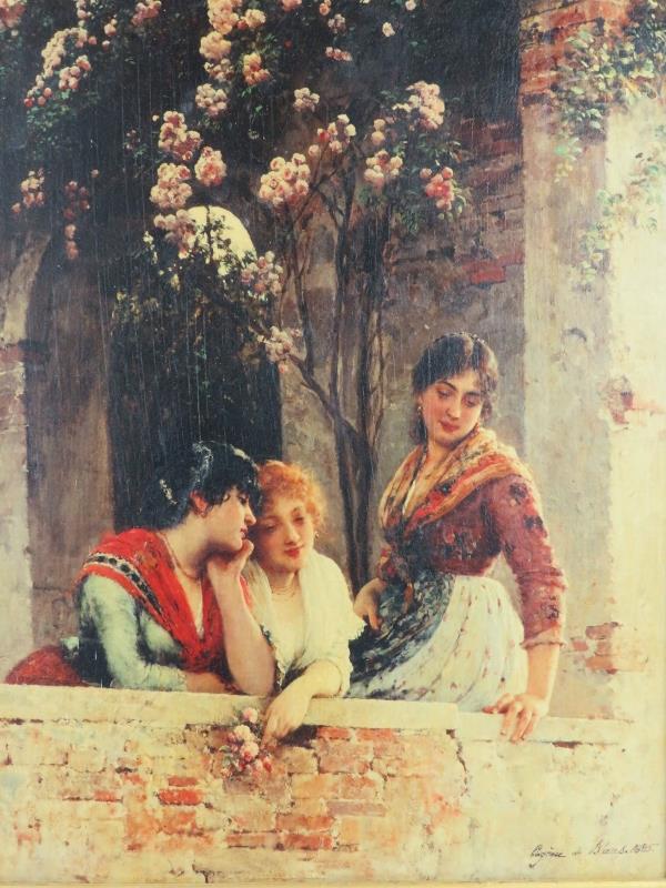 After Eugene de Blaas (Italian, 1843-1932) - 'Three Young Women on a balcony', oleograph on - Image 2 of 3