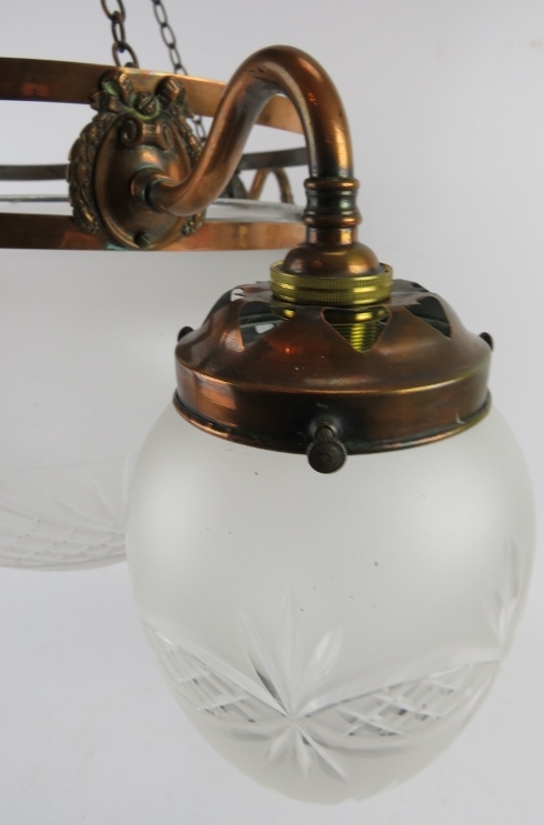 An early 20th century copper Plafonnier ceiling light with frosted and cut glass shades. Drop: 48cm. - Image 3 of 5