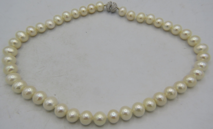 A strand of rare graduated large white Akoya pearls from Australia, 10mm/12mm. The white metal