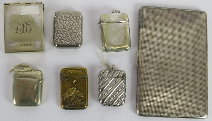 Six mixed vesta cases including one brass Japanese example, and a silver plated cigarette case. (7). - Image 2 of 3