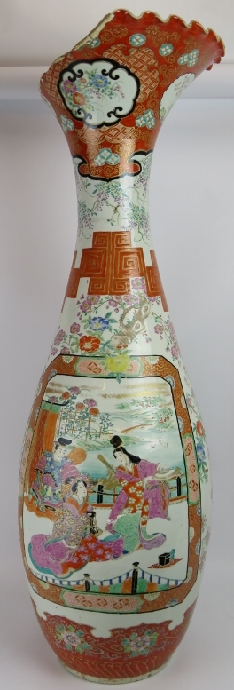 A large antique Japanese floor vase, Meiji period, hand decorated with Geisha Cartouche among