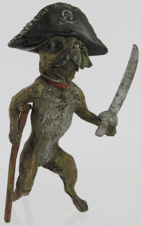 A Vienna Bergmann style cold painted bronze figure of a dog pirate with wooden leg. Mark to left