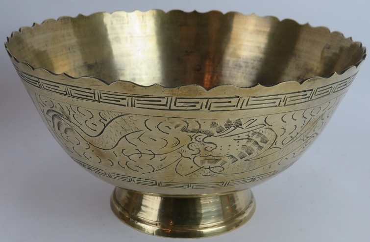 A finely decorated Indo-Persian brass Jardinière, two repousséd Eastern bowls, a turned brass - Image 4 of 4