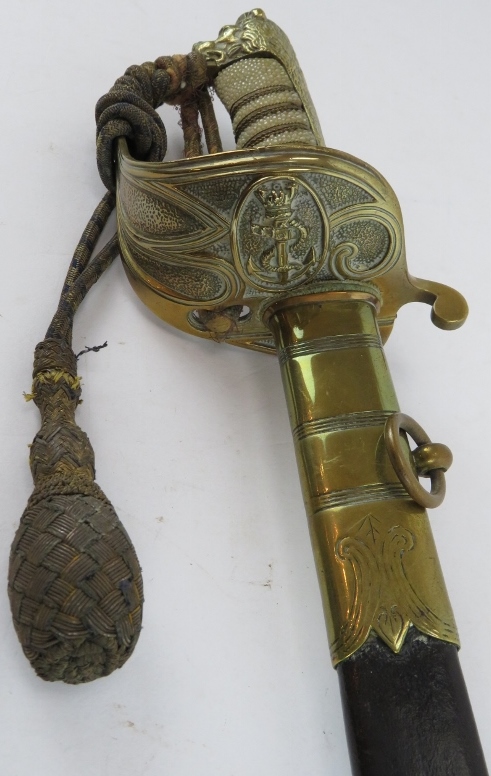 A Royal Naval Officer's sword by R C James & Co, Portsmouth. Brass hilt with shagreen grip and - Image 3 of 10