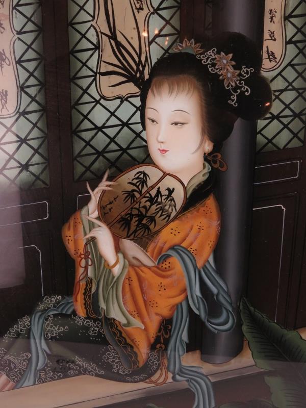 A vintage Chinese reverse painted glass panel depicting a lady sitting in a window. Black lacquer - Image 3 of 4