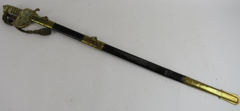 A Royal Naval Officer's sword by R C James & Co, Portsmouth. Brass hilt with shagreen grip and - Image 4 of 10