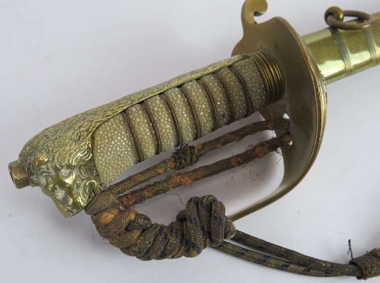 A Royal Naval Officer's sword by R C James & Co, Portsmouth. Brass hilt with shagreen grip and - Image 2 of 10