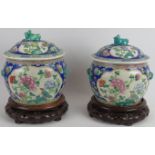 A pair of decorative Chinese porcelain covered fish bowls with interior decoration, each standing on