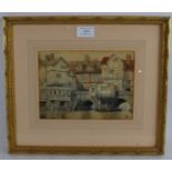 British School (19th century) - 'Old timbered riverside buildings', watercolour, bears a monogram,