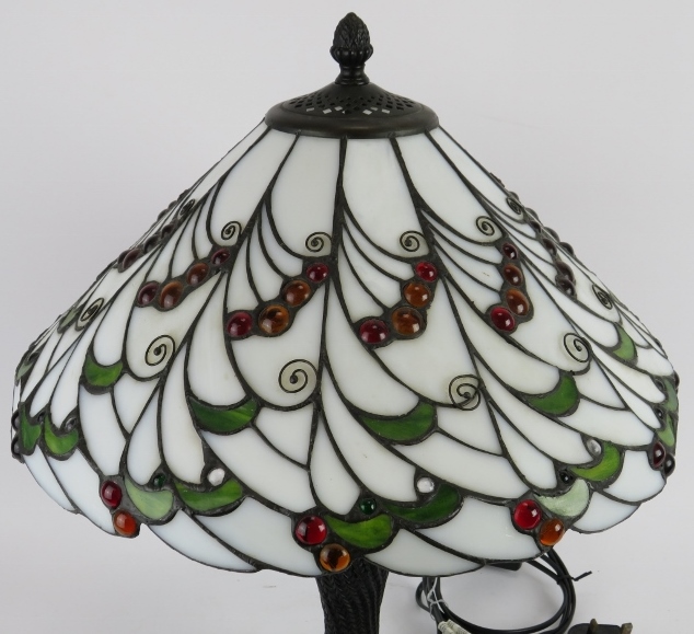 A Tiffany style table lamp by Loxton Lighting with jewelled glass shade of berry and leaf pattern, - Image 2 of 4