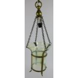 An early 20th century Arts and Crafts brass ceiling lantern with fluted Vaseline glass shade. Drop