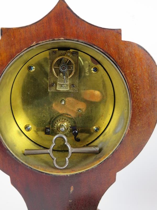 Two inlaid Edwardian balloon shaped mantel clocks, one with butterfly motif, and a similar aneroid - Image 3 of 12