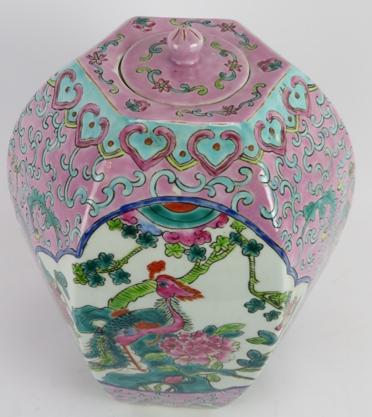 A large Chinese porcelain covered jar with enamelled decoration and cartouche depictions of birds. - Image 2 of 4