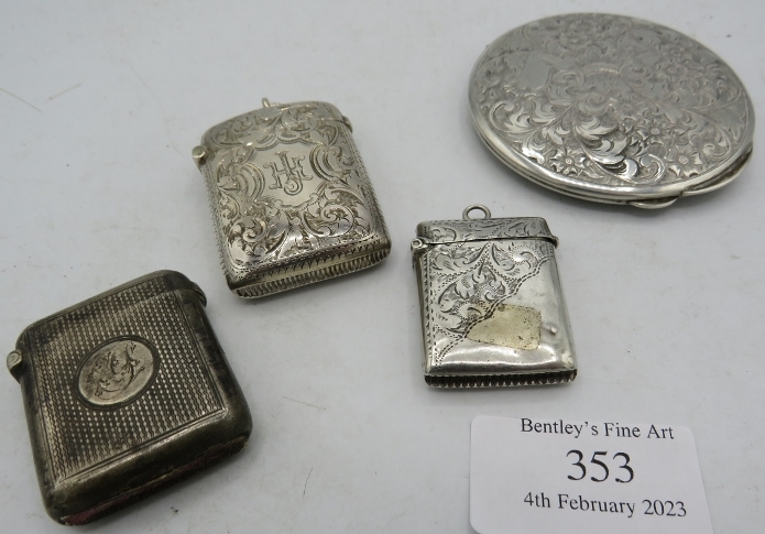 A collection of 3 silver Vesta cases, all fully hallmarked and an embossed compact marked 800. 4