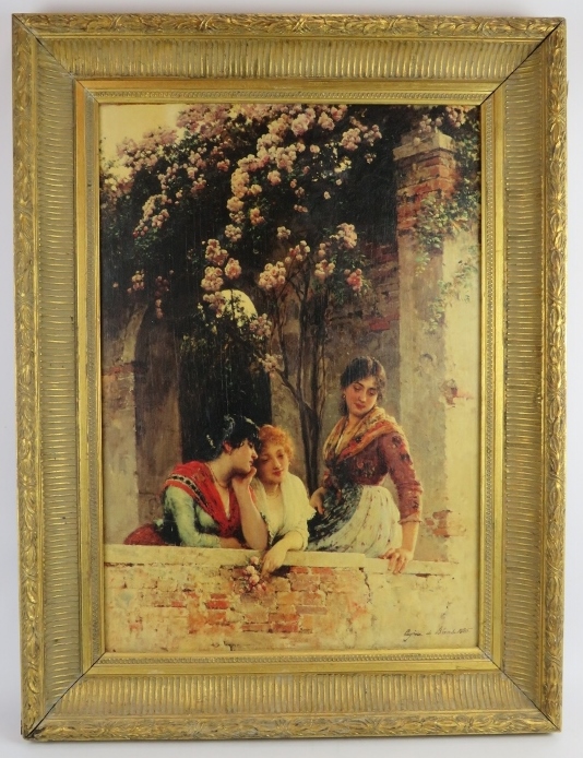 After Eugene de Blaas (Italian, 1843-1932) - 'Three Young Women on a balcony', oleograph on