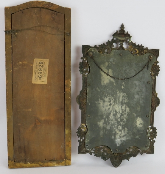 A gilt framed vintage wall mirror with some foxing. 52cm x 20cm, and an ornate Victorian gilt - Image 4 of 4