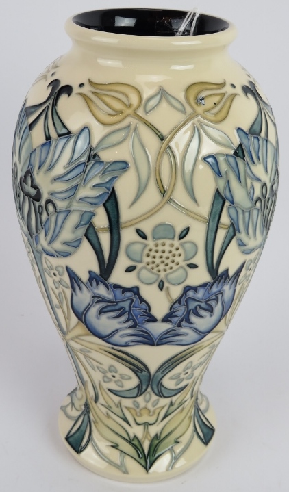 A Moorcroft pottery blue tulip vase William Morris tribute pattern by Nicola Slaney, c2013. Height - Image 2 of 5
