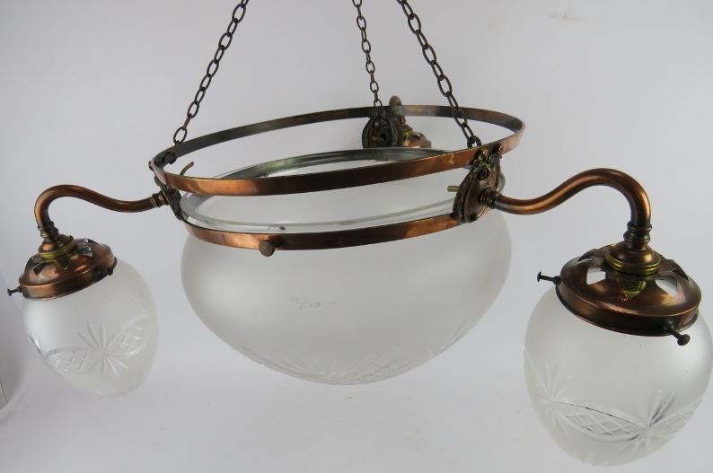 An early 20th century copper Plafonnier ceiling light with frosted and cut glass shades. Drop: 48cm.