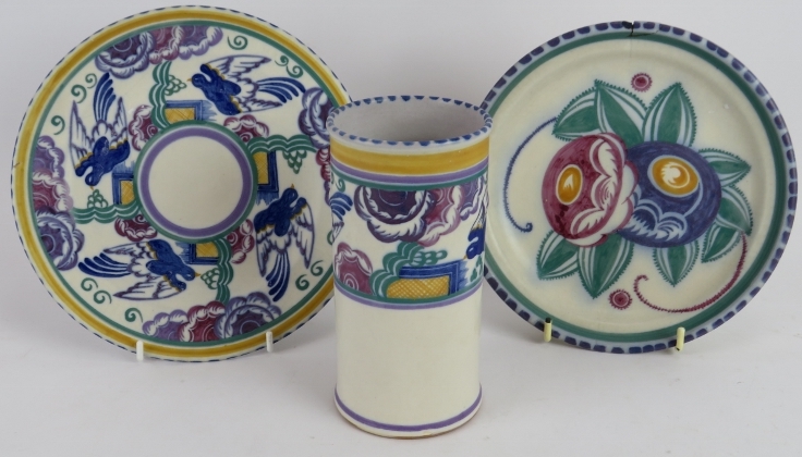 Three pieces of 1920s/30s Carter Stabier Adams Poole pottery to include 2 plates and a sleeve