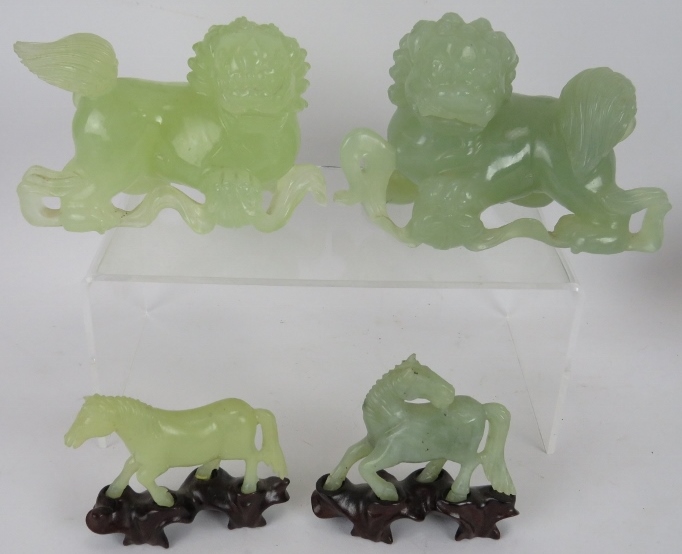 A pair of Chinese carved Jade/Jadeite Dogs of Fo. A similar pair of carved water buffalo and four - Image 3 of 3