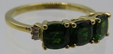 Cushion cut Russian diopside and baguette diamond ring. Size O/P, 14k yellow gold over sterling s