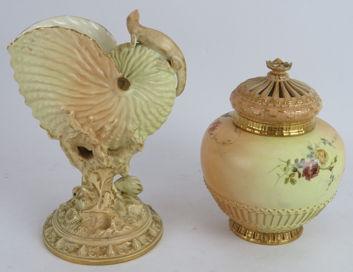 A Royal Worcester blush nautilus shell with lizard, date marked 1895, and a Royal Worcester - Image 2 of 5