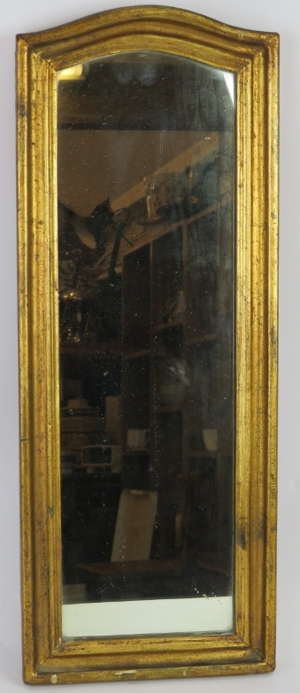 A gilt framed vintage wall mirror with some foxing. 52cm x 20cm, and an ornate Victorian gilt - Image 3 of 4