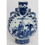An antique Chinese porcelain moon vase with blue and white decoration and dragon handles. Height