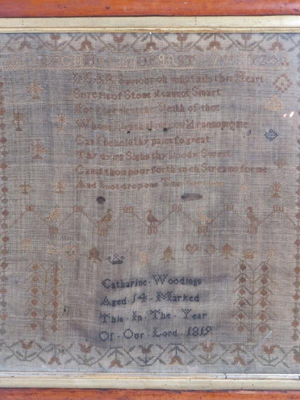 A Georgian needlework sampler by Catherine Woodings, aged 14, 1819. Mounted in a period maple frame - Image 2 of 6