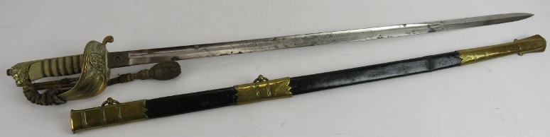 A Royal Naval Officer's sword by R C James & Co, Portsmouth. Brass hilt with shagreen grip and - Image 5 of 10