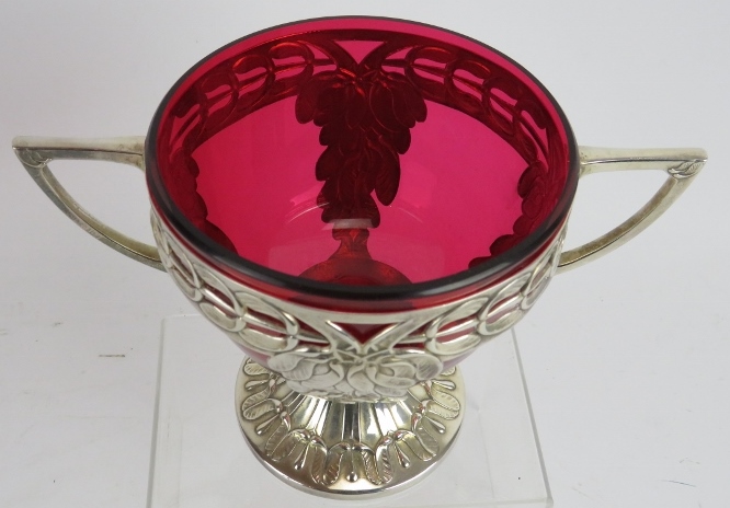 An early 20th century WMF silver plated two handled bowl with Cranberry glass liner and mistletoe - Image 2 of 5