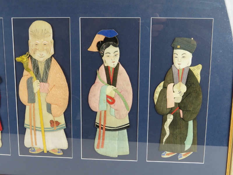 A framed set of five antique Chinese silk figures, probably 19th century, in later frame. 78cm x - Image 3 of 6